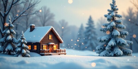 Naklejka premium Winter Wonderland Cabin A Cozy Log Home Nestled in a Snowy Forest with Glowing Windows and Falling Snow