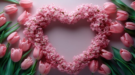 A classy spring holiday theme with fresh tulips peeking through a heart-shaped frame on a soft lilac background, perfect for your message.