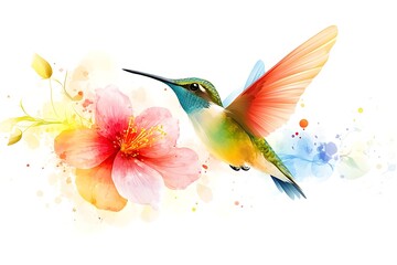 Colorful hummingbird hovering hibiscus flower watercolor splash