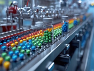 Mass Production of Medication Colorful Capsules Falling into Bottles on a Pharmaceutical Factory Production Line, High-Volume Automated Pill Manufacturing Process Showcasing the Industry's Efficiency