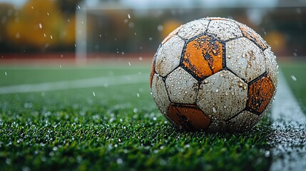 Fototapeta premium A close-up view of a worn soccer ball on synthetic turf with sparkling dew and goalposts in the distance evokes a sense of nostalgia and anticipation.