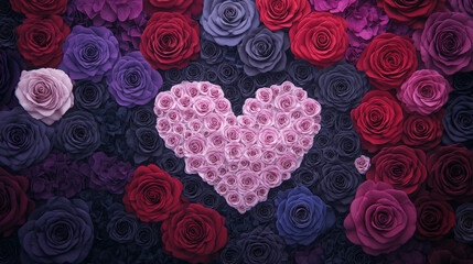 A heart-shaped arrangement of pale pink roses nestled amongst a profusion of dark-toned roses in various shades of purple, red, and burgundy.