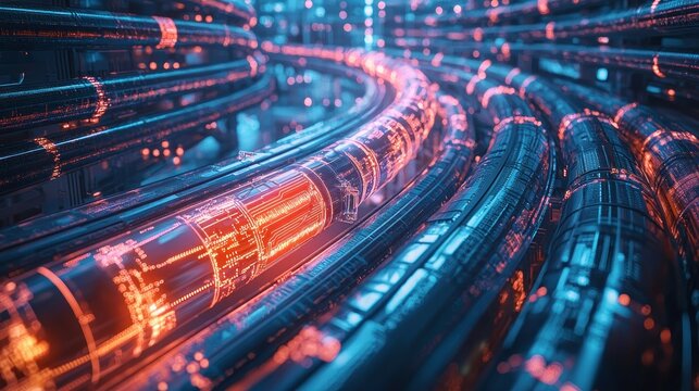 Futuristic data stream flows, digital network, server room, technology background