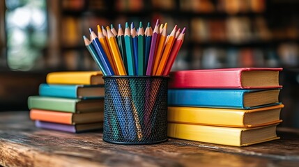 a collection of vibrant school supplies with stacked books and pencils in a holder on a wooden desk.