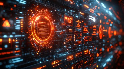 Futuristic data streams flow across digital wall