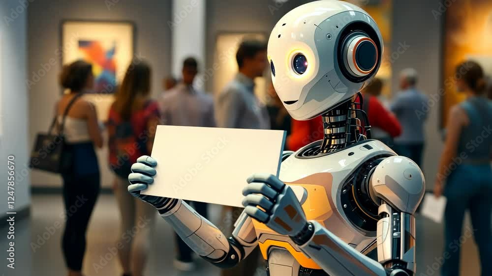Poster robot interacting with art enthusiasts in a contemporary gallery setting