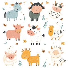 Cute farm animals in a floral background