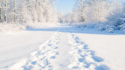 Fototapeta premium Footprints in the snow leading through a winter wonderland. Serene and peaceful snowy landscape.