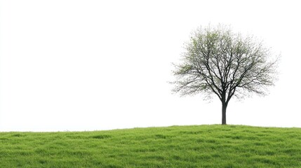 Fototapeta premium Solitary tree on grassy hill, spring, white background, nature