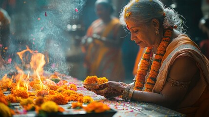 A traditional Holi pooja (ritual) being performed, with people offering flowers and colors to a sacred fire, honoring the cultural significance of the festival.