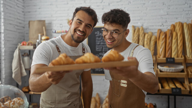Two hispanic male bakers smiling and presenting fresh croissants in a cozy indoor bakery filled with various breads.