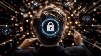 Businessman interacting with digital security icons in a futuristic technology environment