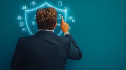 Businessman interacting with digital security icons on a blue background, emphasizing cybersecurity awareness