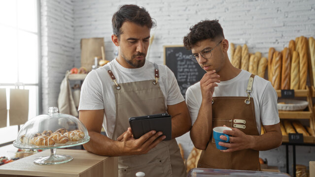 Two hispanic male bakers in a bakery shop wearing aprons are working together, one holding a coffee cup while the other uses a tablet, surrounded by fresh bread and pastries.