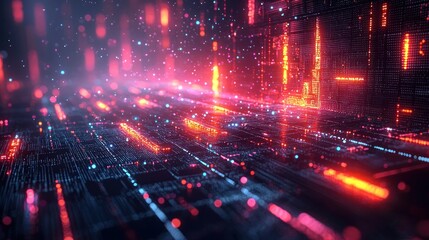 Fototapeta premium Futuristic digital city glowing at night, technology background