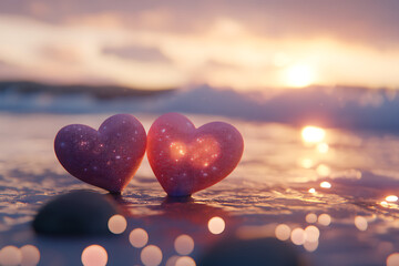Two sparkling hearts on a beach at sunset, symbolizing love and connection.