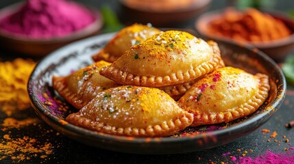 A colorful plate of traditional Holi sweets like gujiya, surrounded by powder colors, creating a festive and delicious atmosphere during the celebration.