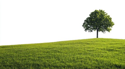 Obraz premium Lone tree on grassy hill, bright sky background, nature scene, eco poster