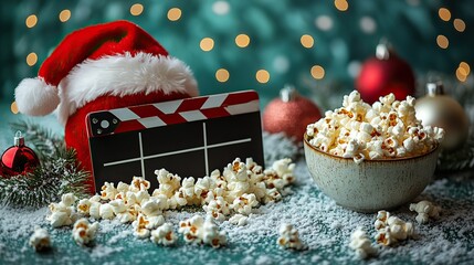 A festive scene with a Santa hat, clapperboard, and popcorn on a green background, capturing the fun and excitement of a Christmas movie night with loved ones.