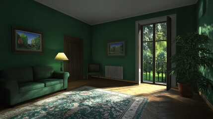 Fototapeta premium Cozy green living room with natural light and plants for a relaxed atmosphere.