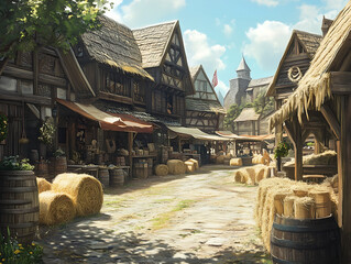 A picturesque village market with rustic wooden stalls and vibrant scenery