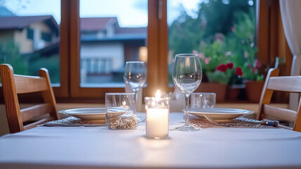 minimal candlelit dinner setup with empty plates and glasses, creating warm and inviting atmosphere