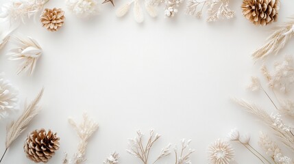 Elegant floral arrangement with pine cones neutral background decorative content minimalist style top view aesthetic inspiration