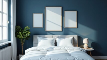 Serene Bedroom Interior Design with Minimalist Decor and Blank Frames