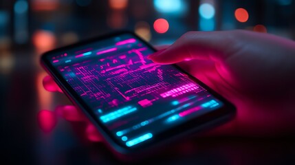 Hand using a smartphone displaying digital data streams