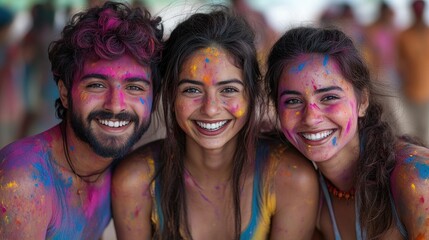 Fototapeta premium A group of people with their faces and clothes covered in different colors, showing their joyful expressions during the Holi festival.