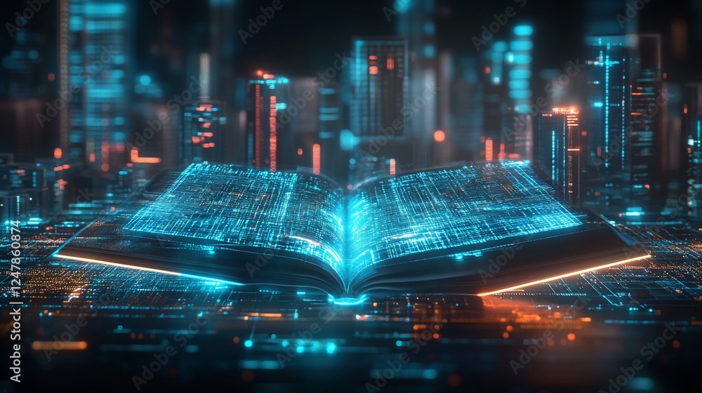 Poster digital knowledge open book with futuristic city background illuminating the power of information