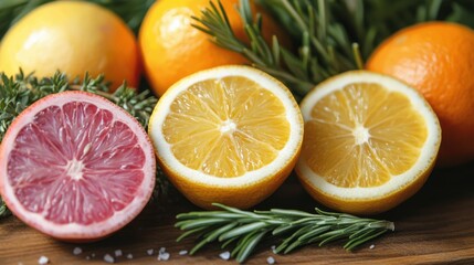 Vibrant Fresh Citrus Fruits and Vegetables Ready for Cooking A Healthy Meal Prep Inspiration Featuring Oranges, Grapefruit, Lemons, and Rosemary on a Rustic Wooden Cutting Board Perfect for Juicing