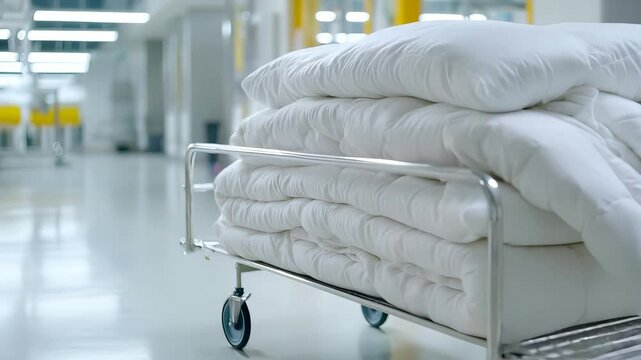 Freshly Stacked Clean White Linens on Hospital Cart for Bedding Needs