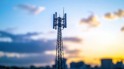 5G network tower silhouetted against warm golden hour sky, showcasing modern technology and urban landscape