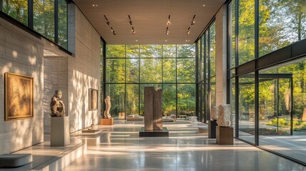 Fototapeta premium Architectural marvel: Modern art gallery with forest view in natural light