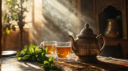 Two steaming cups of tea beside an ornate teapot, sunlight streaming through a window. Perfect for blogs, websites, or articles about relaxation, tea ceremonies, or healthy drinks.