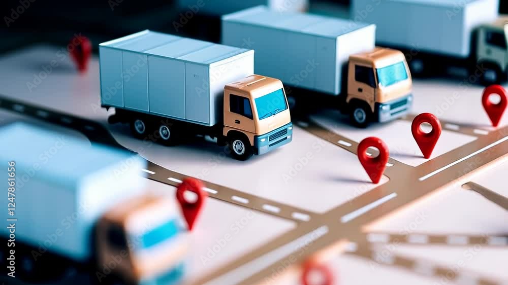 Poster efficient transportation and delivery with trucks on map using location markers for logistics