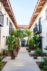 Fototapeta premium Serene Courtyard Pathway Surrounded by Lush Tropical Plants