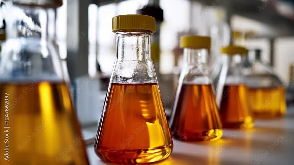 Poster laboratory glassware flasks with orange liquid in science setting on table