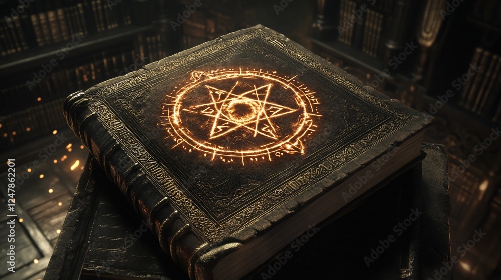 Poster an ancient book with a glowing magic sigil rests in a dimly lit library creating mystery