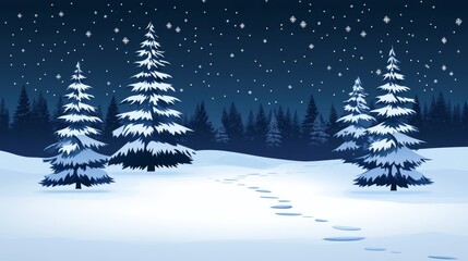 Serene Winter Night Snow Covered Pine Trees Footprints in Snow