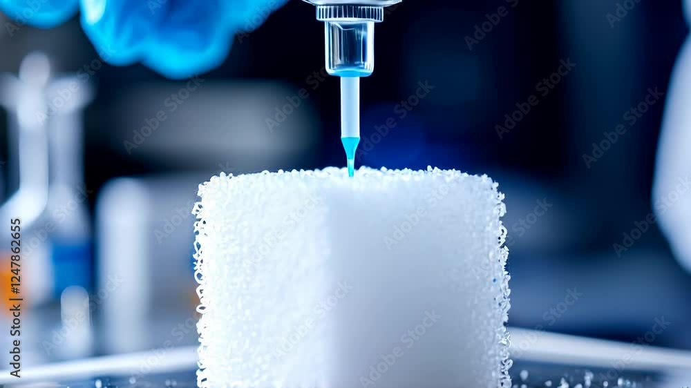 Poster laboratory technician conducting science experiment with injection into synthetic foam for analysis