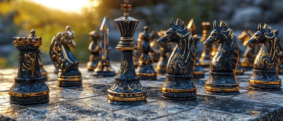 A Medieval Chess Set with Intricately Designed Swords and Shields as Pawns, Captured in High Fidelity, Perfect for Themes of Strategy and History
