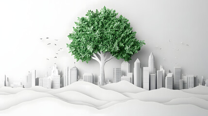 The person who knows. Tree, Achieve sustainable growth, World Environment Day. White eco urban city and nature landscape background paper art style.