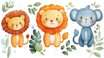 Obraz premium Cute Cartoon Animals with Leaves Illustration for Children’s Art