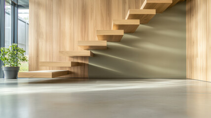 Naklejka premium Modern wooden staircase with minimalist design and natural light