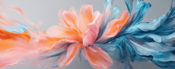 Vibrant Abstract Art with Pink, Orange, and Blue Shades Creating Fluid Energy and Movement on Light Grey Background