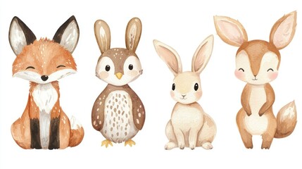 Cute Forest Animals Collection Featuring Fox, Owl, Rabbit, and Deer