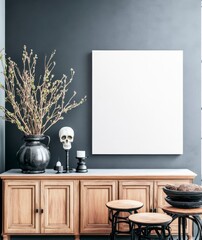 Dark Gray Room with Wooden Console and Blank Canvas Mockup