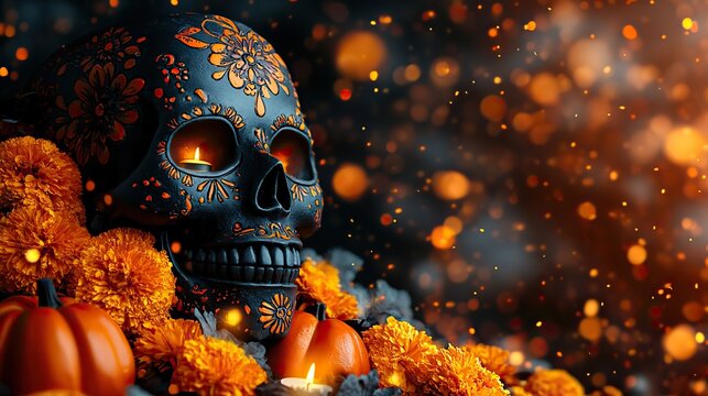 a vertical vibrant day of the dead skull surrounded by mini pumpkins, marigold flowers and a candle on a red background, a traditional celebration of life and death.